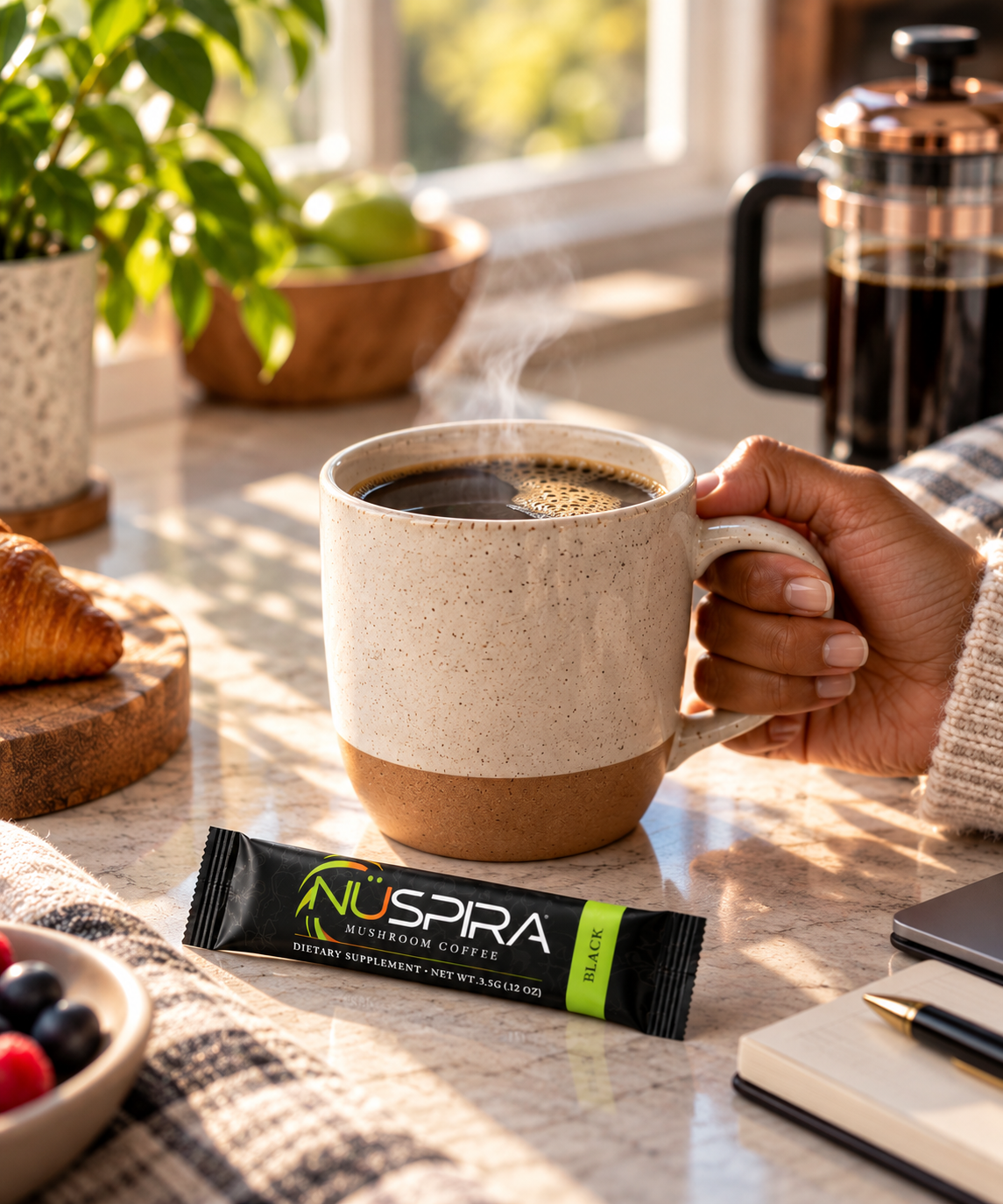 Morning coffee ritual with a cup of NuSpira Black coffee