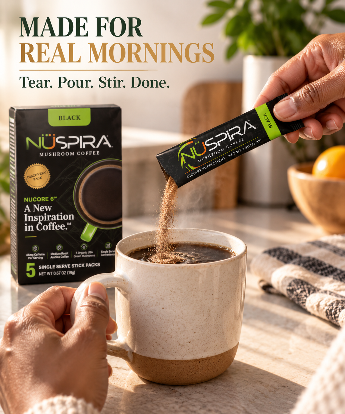 NuSpira Black coffee stick being poured into a cup