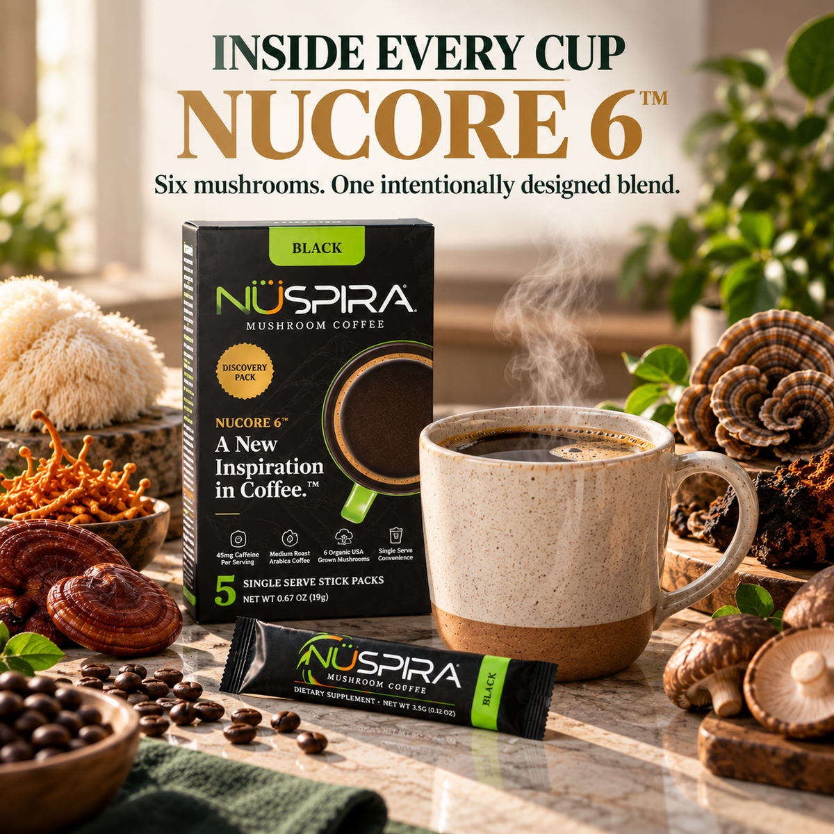 NuSpira Black coffee with NUCORE 6 organic mushroom blend
