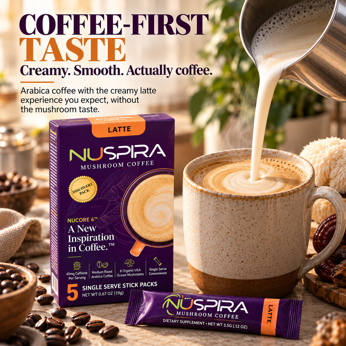 NuSpira Latte mushroom coffee being prepared