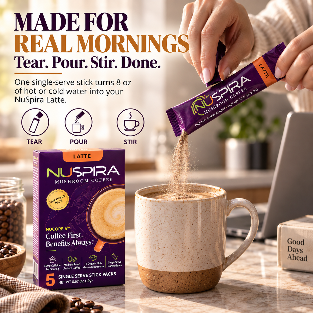 NuSpira Latte single-serve stick being poured into a mug