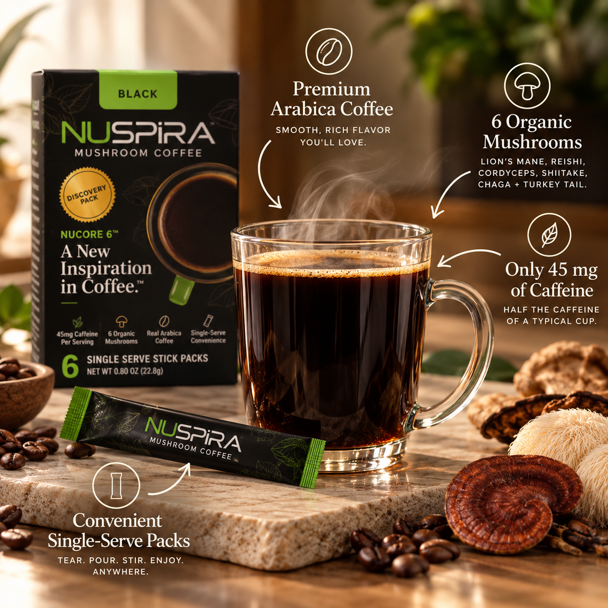 NuSpira Black Discovery Pack, coffee sticks, and a freshly brewed cup of coffee