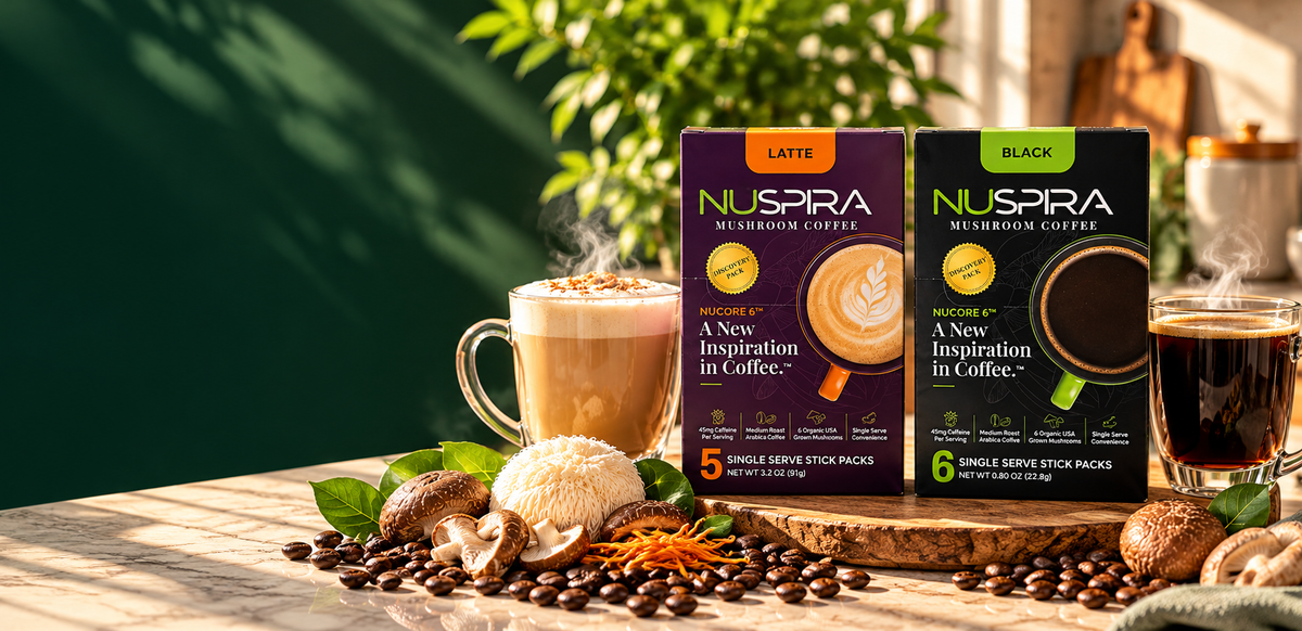 NuSpira Black and Latte mushroom coffee Discovery Packs in a kitchen